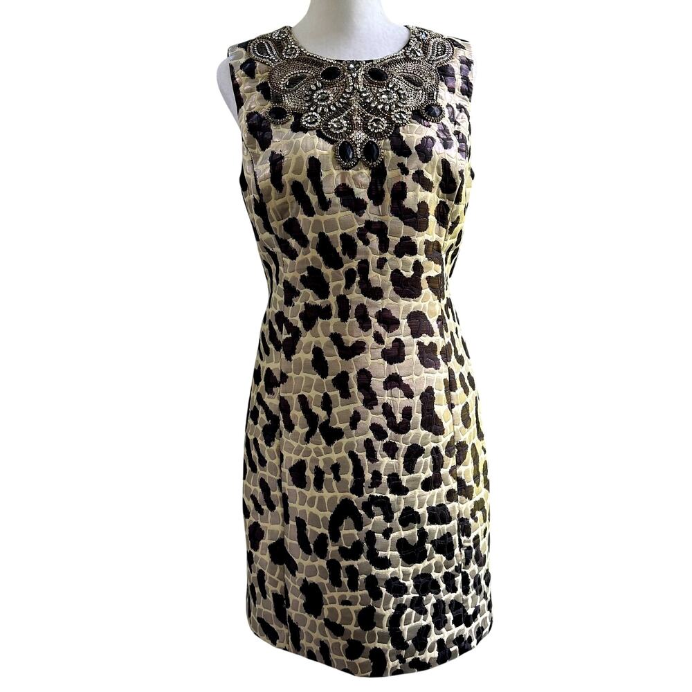 ST. JOHN COUTURE Stunning Luxury Sz 4 Animal Print Beaded Sheath Dress‎ Knee